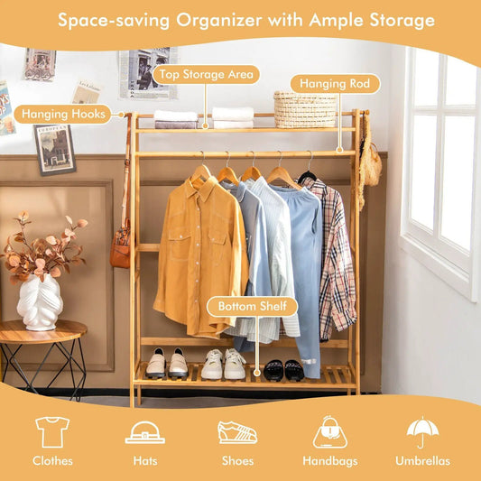 Bamboo Clothing Rack with Storage Shelves Natural with top shelf and hanging rod on Tampa Home & Garden Store