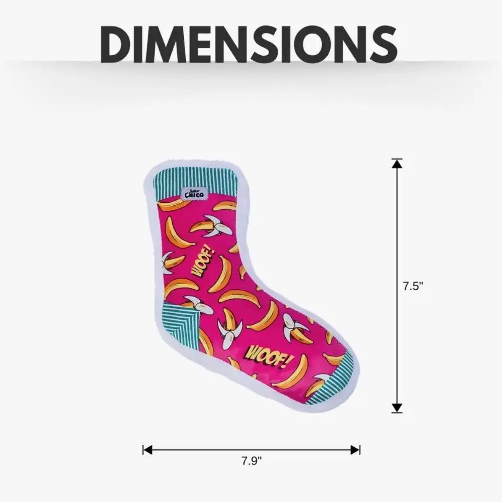 Squeaky sock plush dog toy banana design on pink fabric with teal striped edges 7.5in on Tampa Home & Garden Store