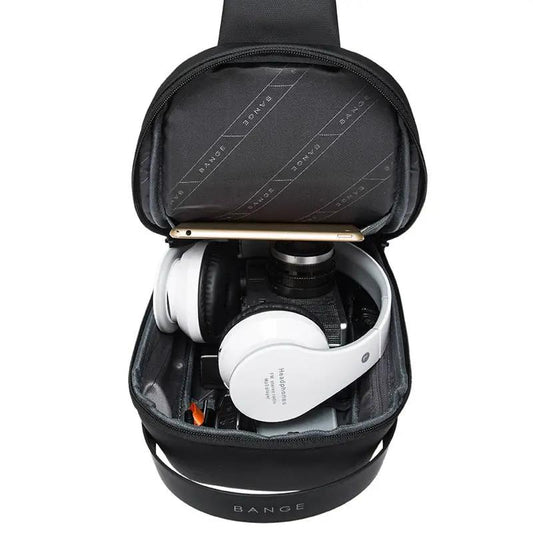 Bange crossbody bag for men, black waterproof messenger with white headphones inside on Tampa Home & Garden Store