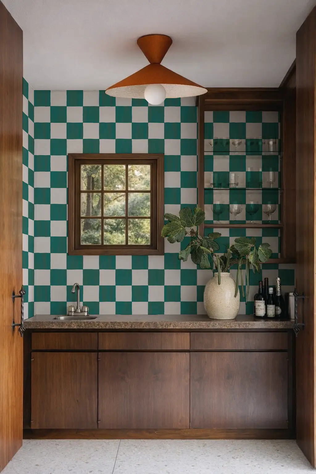 Teal checkerboard wallpaper peel and stick with teal and white squares for walls on Tampa Home & Garden Store