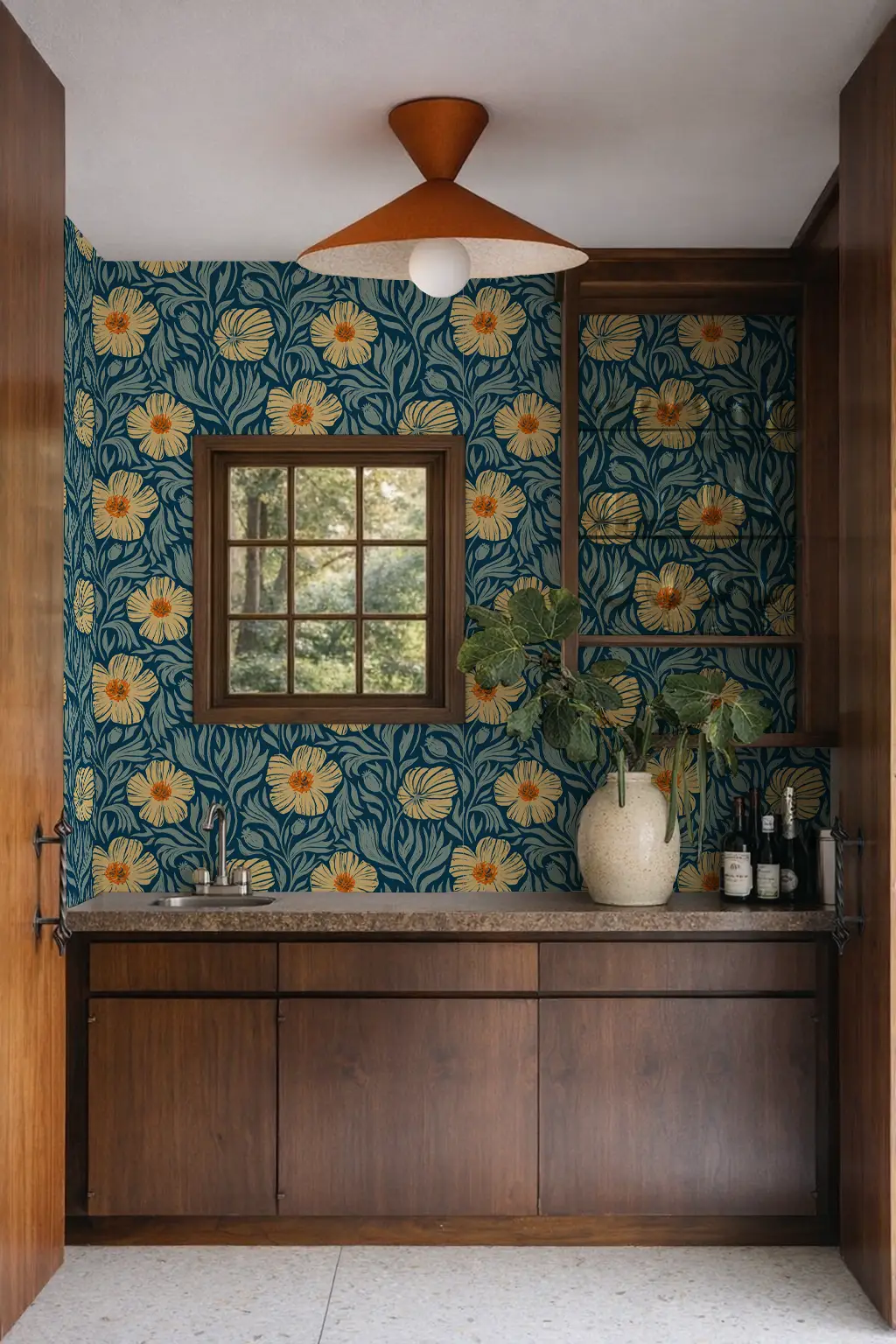 Matilija Wallpaper floral pattern in navy, orange and mint by Samantha Santana Creative on Tampa Home & Garden Store