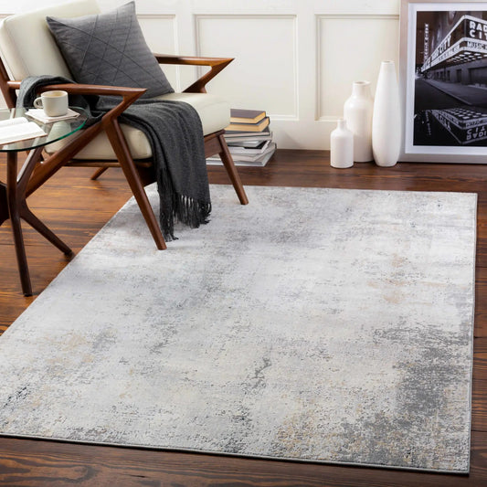 Baranduda Abstract Gray Luxe Rug by Boutique Rugs in light gray distressed texture on Tampa Home & Garden Store