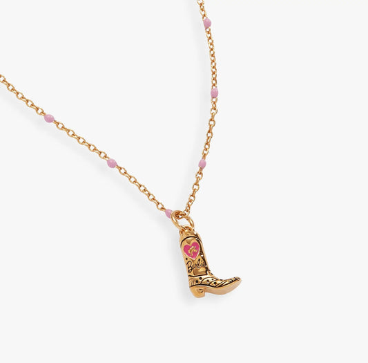 Barbie Cowboy Boot Pendant Necklace with gold-tone chain and pink beads on Tampa Home & Garden Store