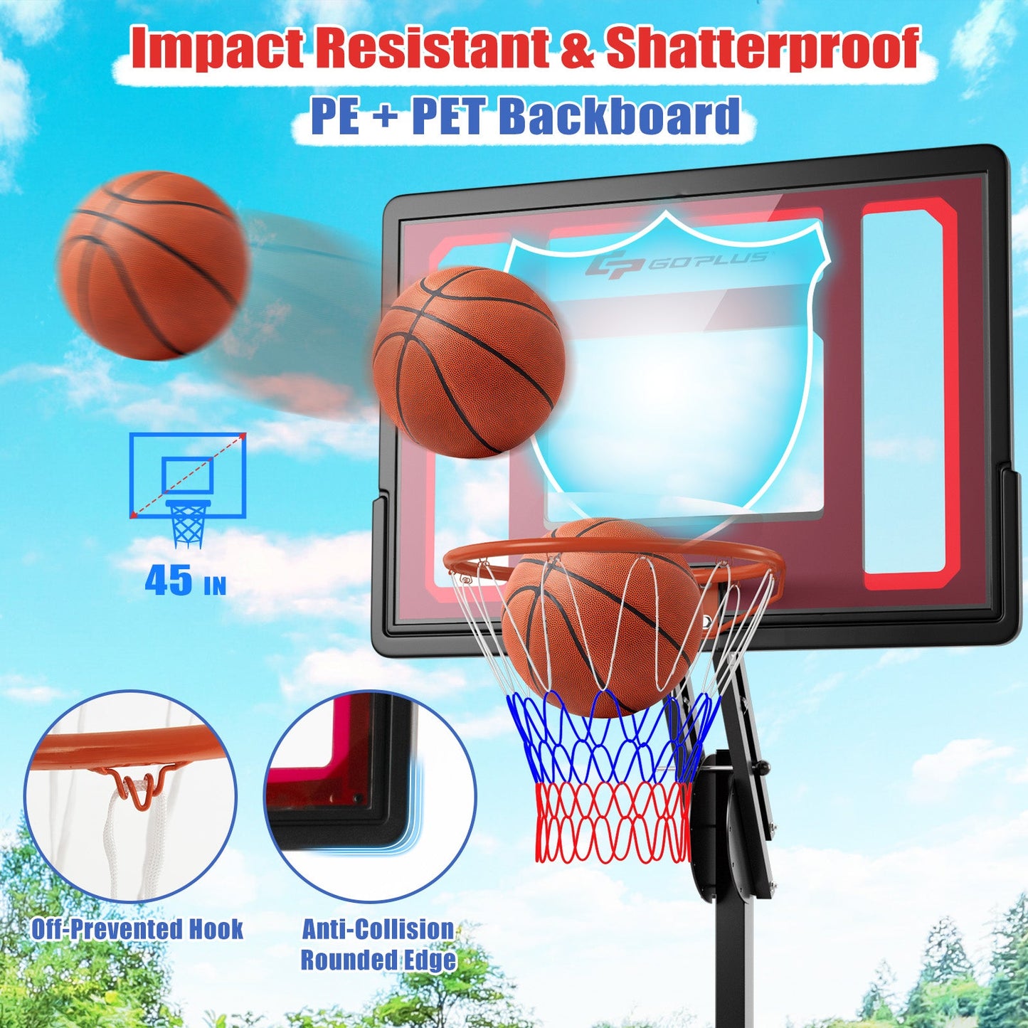 Basketball Hoop adjustable 5-10 ft DirectDeals with impact-resistant PE+PET backboard on Tampa Home & Garden Store