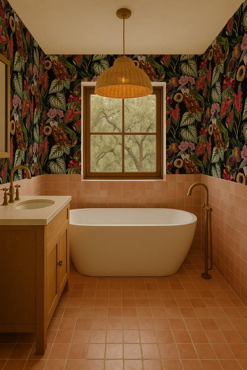 Cali Tropicale black botanical wallpaper by Samantha Santana Creative in a pink-tiled bathroom on Tampa Home & Garden Store