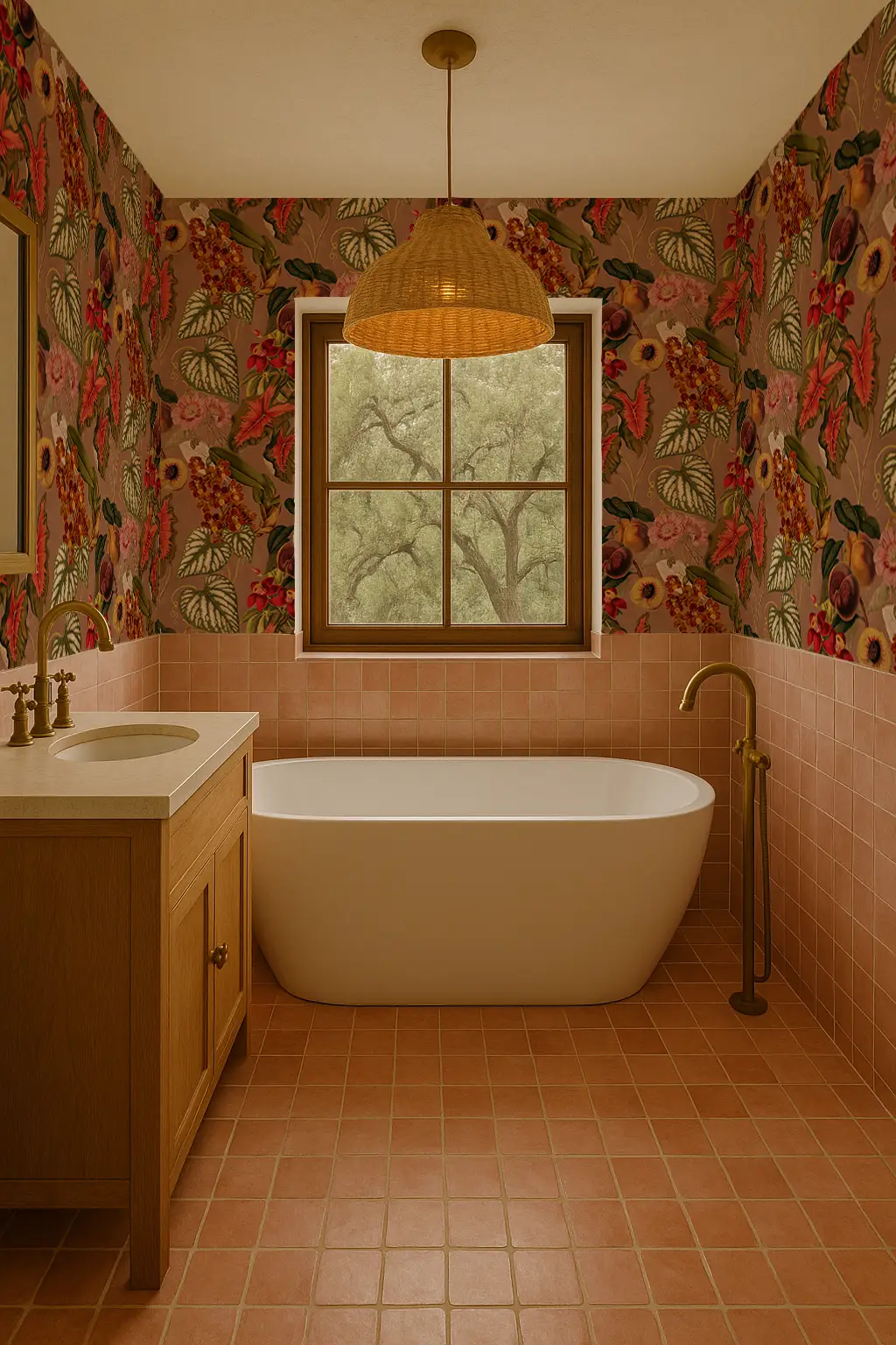 Cali Tropicale Mocha Mousse wallpaper with tropical floral print in a pink-tiled bathroom on Tampa Home & Garden Store