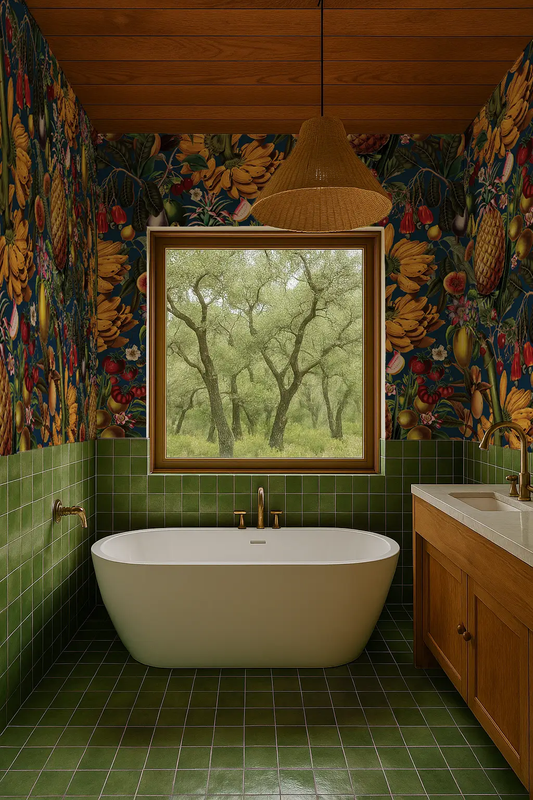 Juicy Fruit Wallpaper Navy Botanical Print in a bathroom with green tile, freestanding tub on Tampa Home & Garden Store