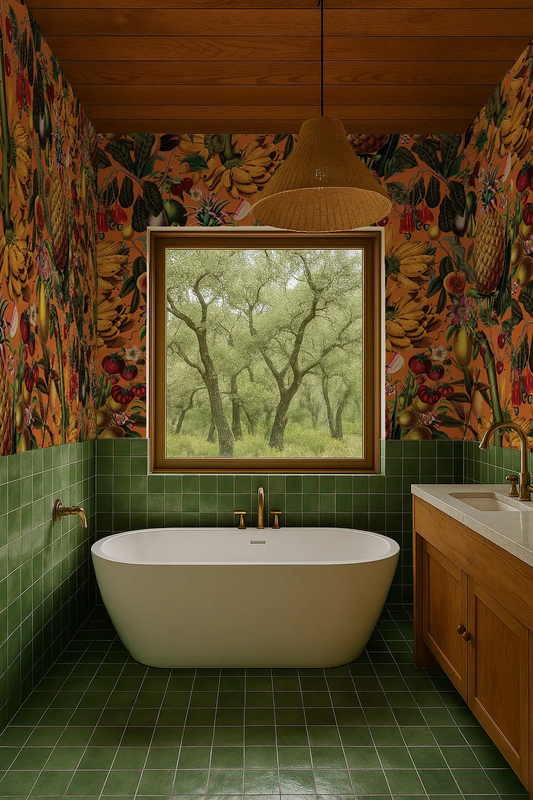 Juicy Fruit Botanical Wallpaper in Vintage Orange with fruit motif in a green-tiled bathroom on Tampa Home & Garden Store