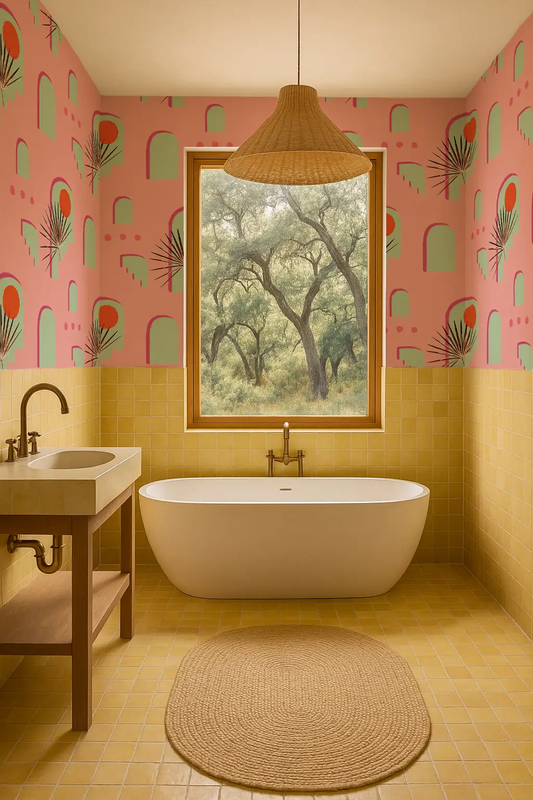 Wallpaper Pueblo Window Pink by Samantha Santana Creative, pink with green arches and palm motifs on Tampa Home & Garden Store