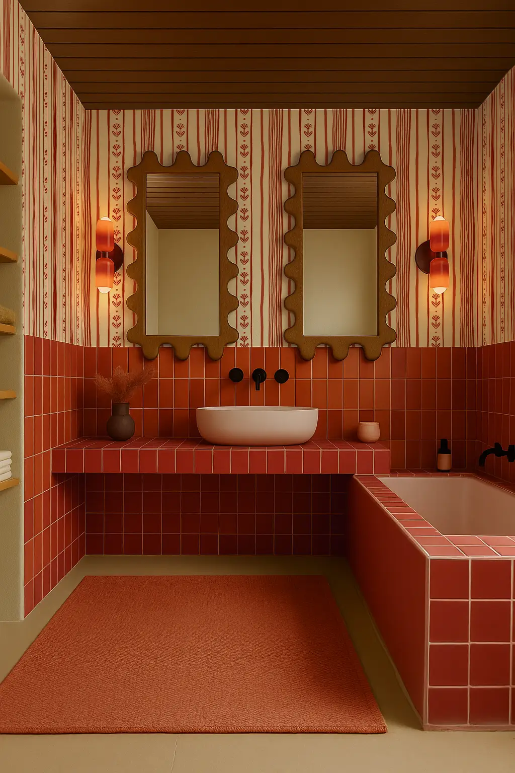 Wallpaper Daisy Chain Stripe beige and brick red by Samantha Santana Creative on Tampa Home & Garden Store