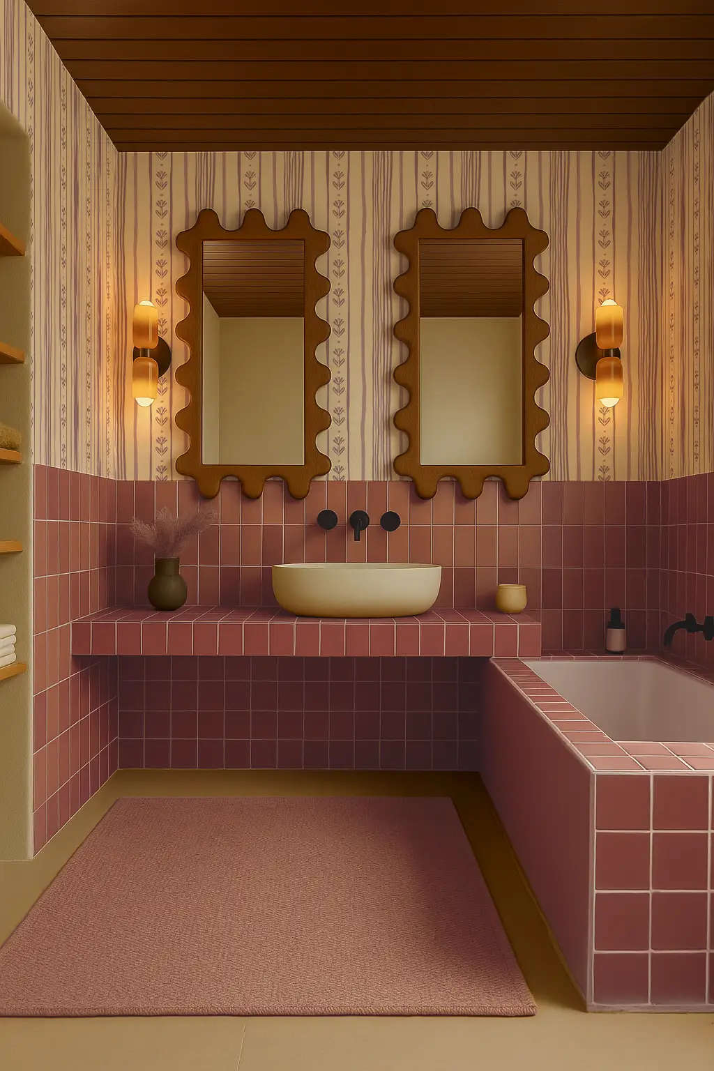 Wallpaper Daisy Chain Stripe beige and lavender in a pink bathroom with mirrors on Tampa Home & Garden Store