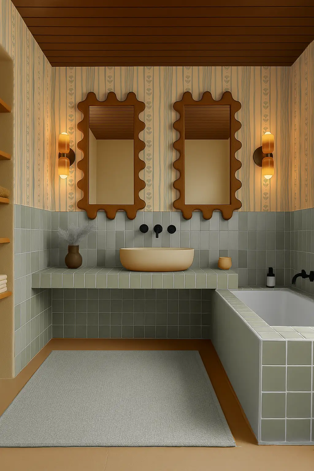 Wallpaper Daisy Chain Stripe beige blue by Samantha Santana Creative in a retro bathroom on Tampa Home & Garden Store