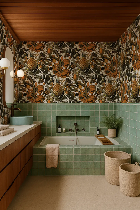 Wallpaper Juicy Fruit White and Mustard by Samantha Santana Creative in green bathroom on Tampa Home & Garden Store
