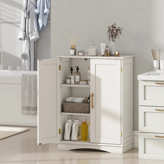 White bathroom floor storage cabinet with 2 doors, adjustable shelves and gold hardware on Tampa Home & Garden Store