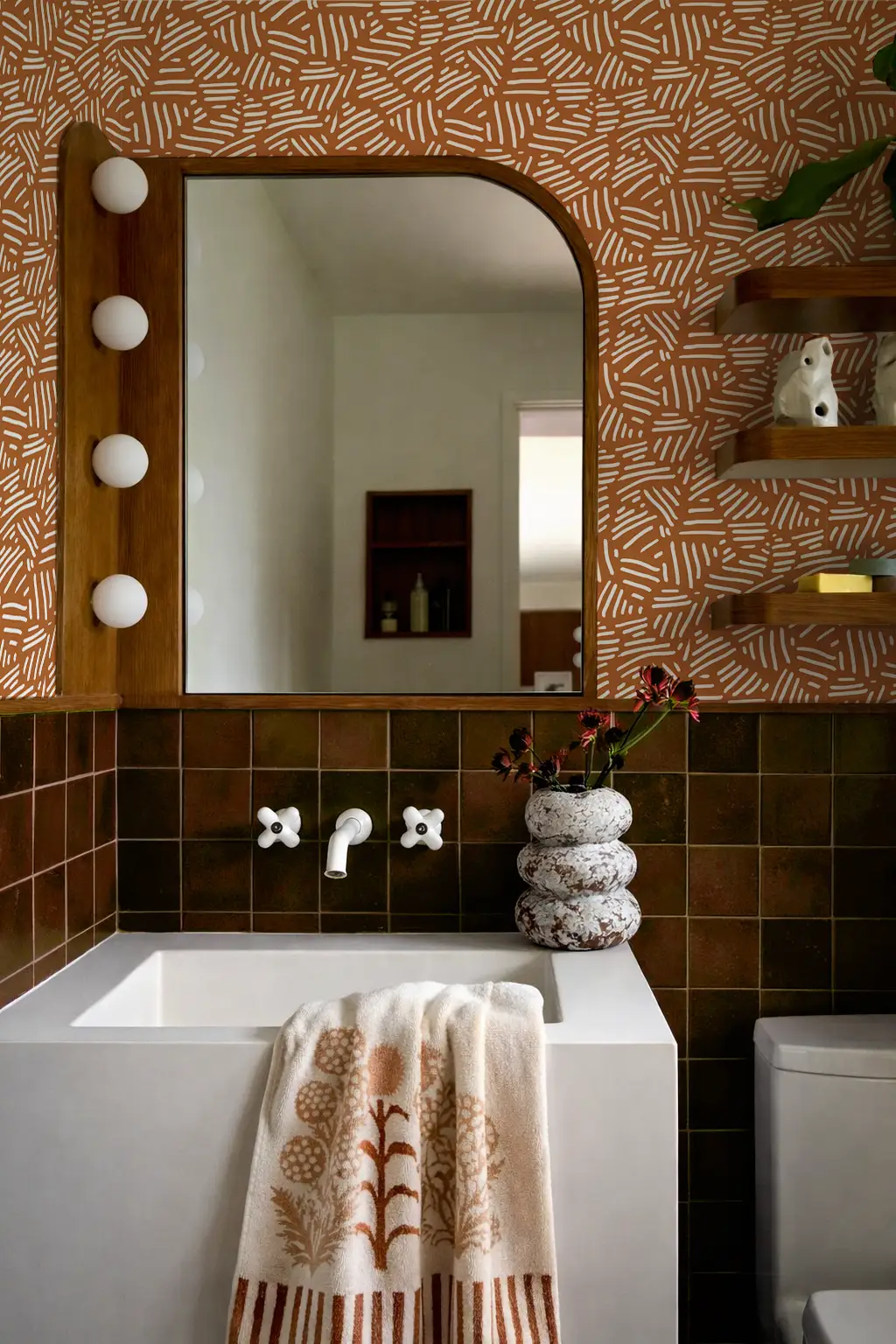 Wallpaper Simple Stripes Burnt Orange in bathroom with a wood-framed mirror on Tampa Home & Garden Store