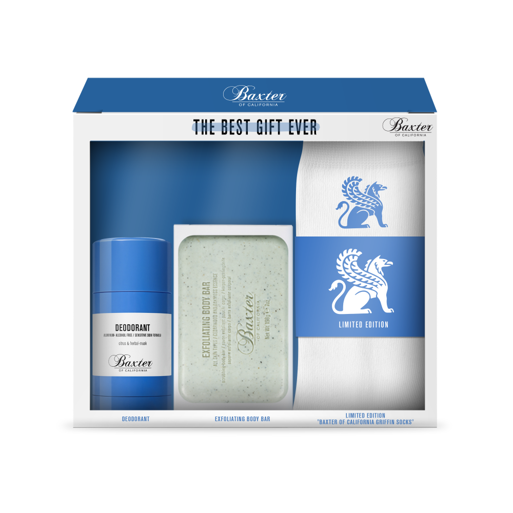 Baxter of California 3-piece bath gift set with deodorant and exfoliating body bar on Tampa Home & Garden Store