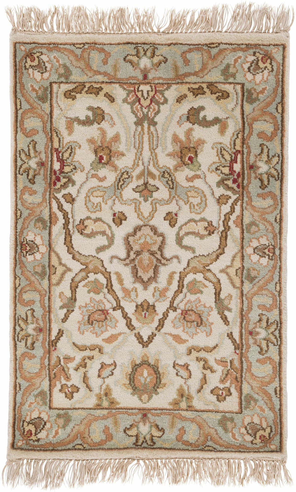 Baylis area rug by Boutique Rugs, beige ivory with ornate sage border, fringed ends on Tampa Home & Garden Store