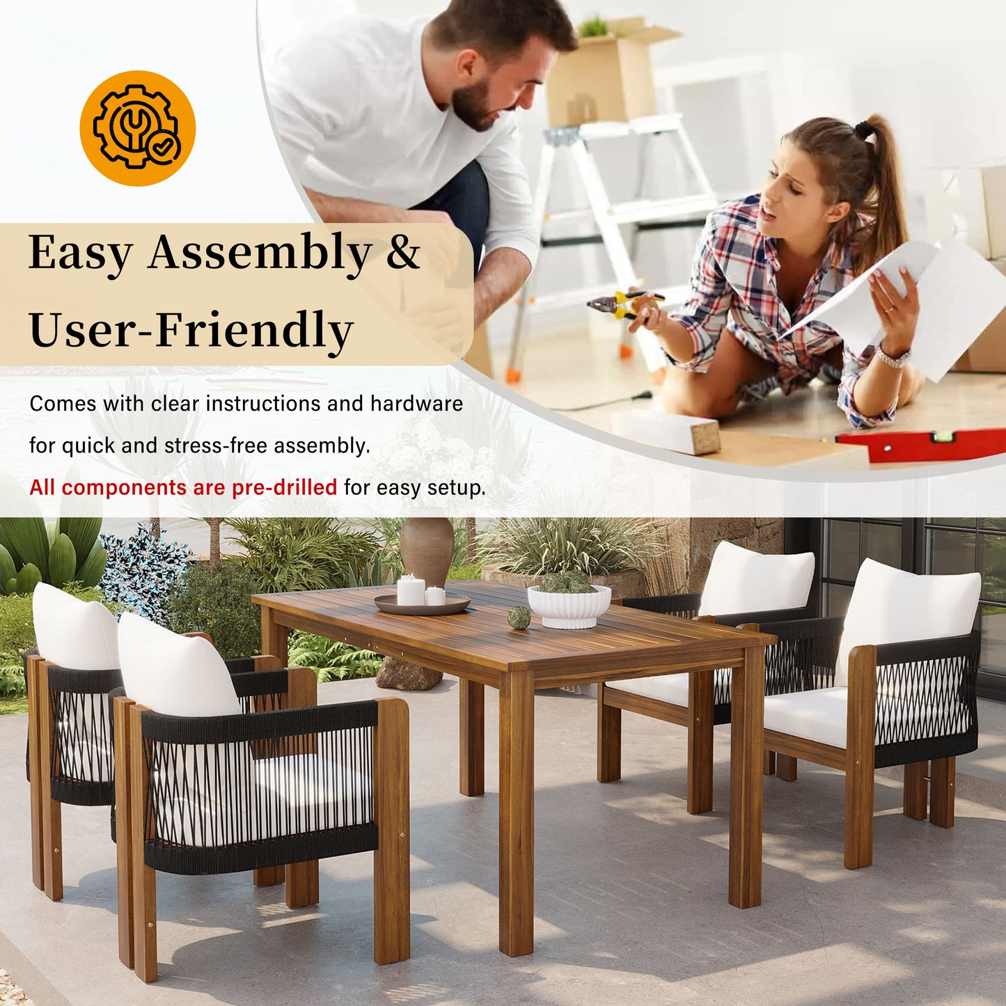 Luxury 5 Piece Acacia Wood Patio Dining Set for 4