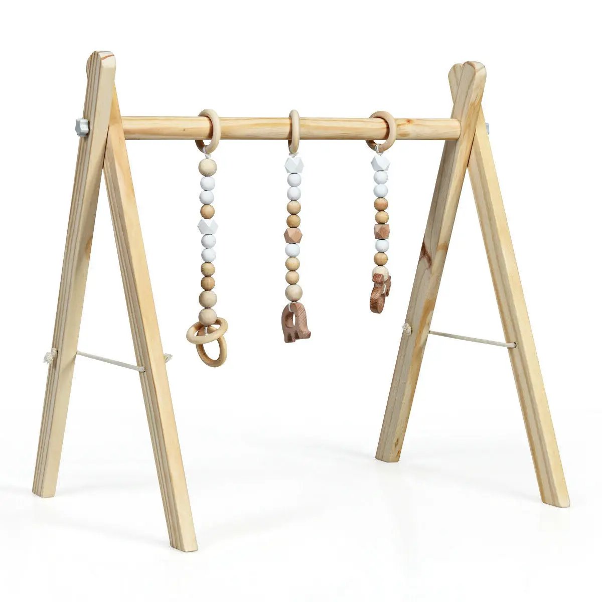 Portable wooden baby gym with three beaded teether hanging toys on natural wood frame on Tampa Home & Garden Store