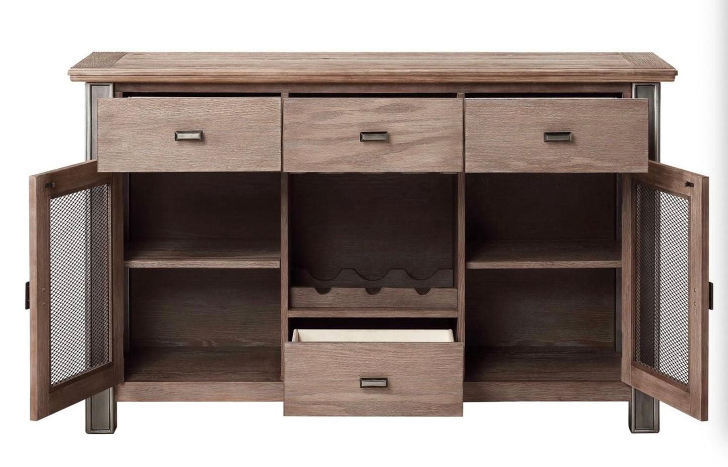 Nathaniel Server in Maple Finish, 3 drawers, wine slots, mesh cabinet doors HouseOfZazla on Tampa Home & Garden Store
