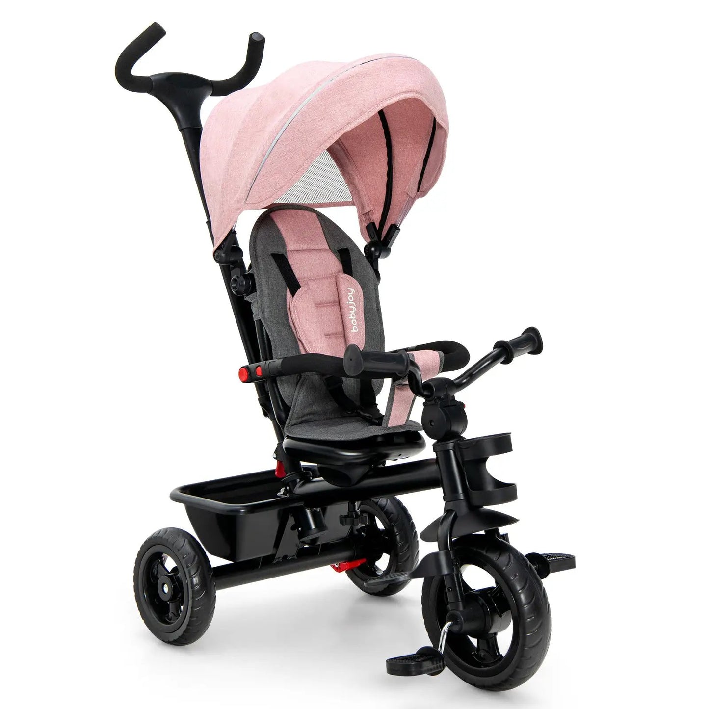 4-in-1 baby tricycle with pink canopy, grey seat, black frame and three wheels on Tampa Home & Garden Store