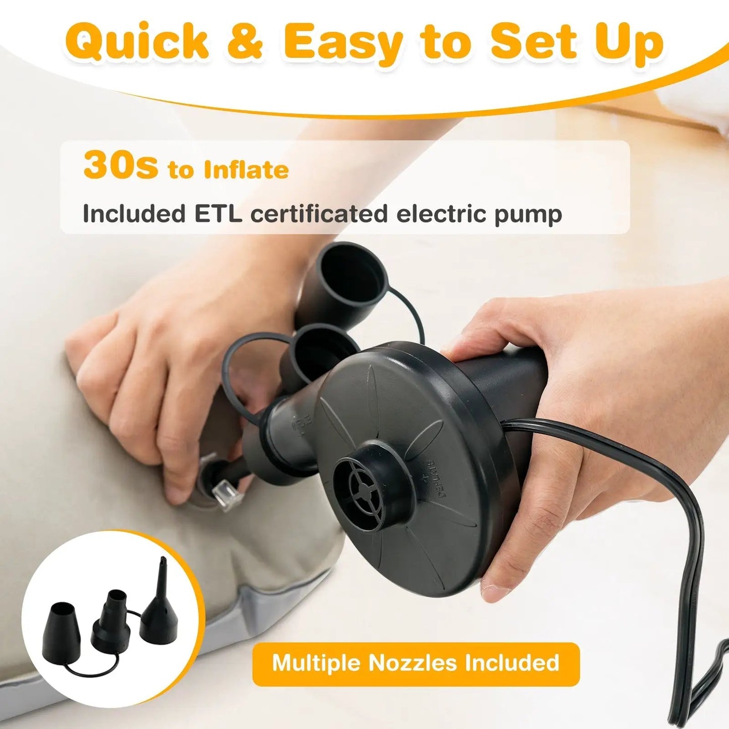 2-in-1 inflatable toddler bed with ETL-certified electric pump, gray, nozzle adapters on Tampa Home & Garden Store
