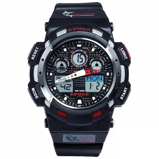 Stevvex men's sports digital-analog watch, black rugged military-style with red accents WR100m on Tampa Home & Garden Store