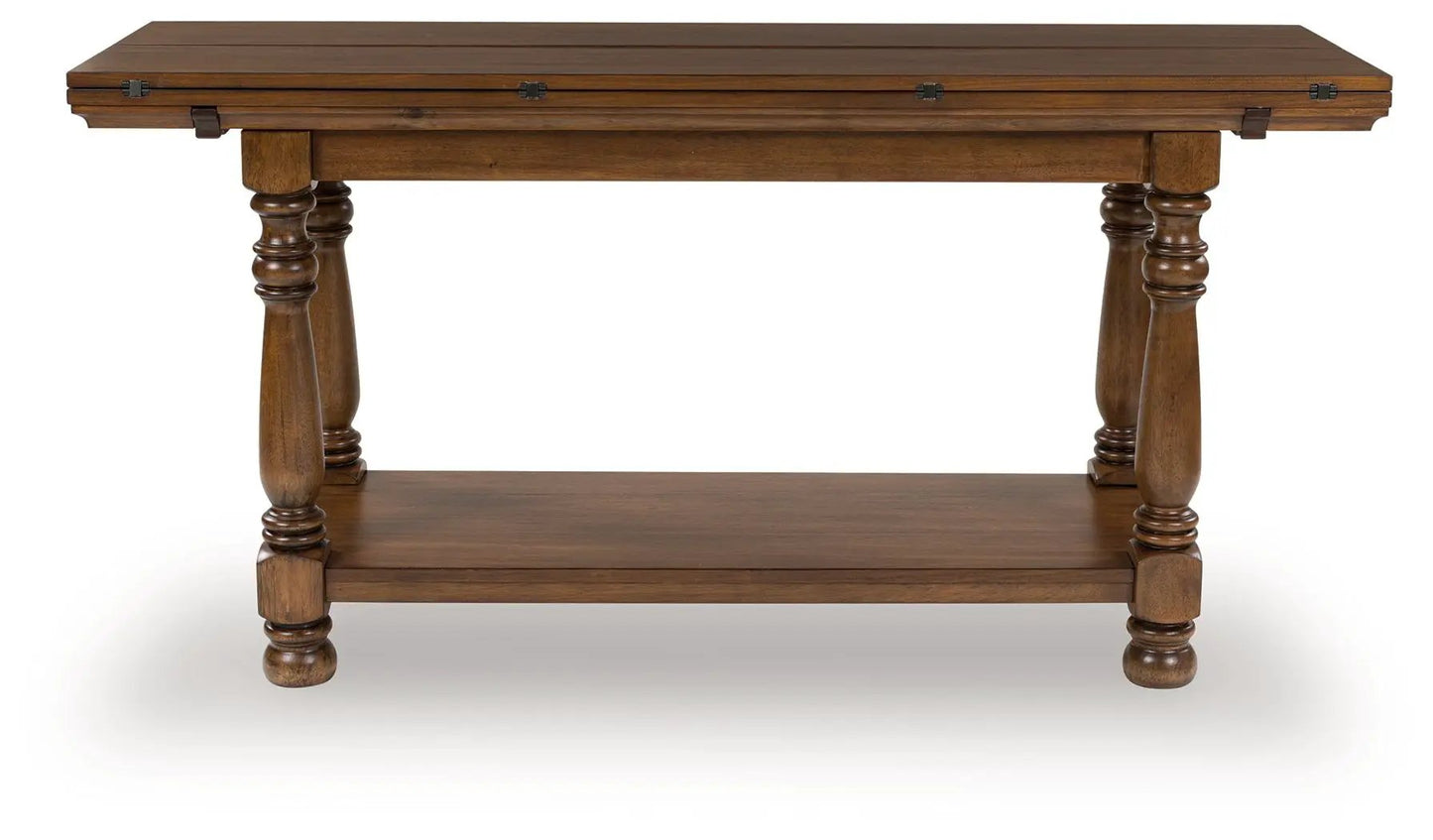 Sturlayne flip-top sofa table brown wood with turned legs Unique Piece Furniture on Tampa Home & Garden Store