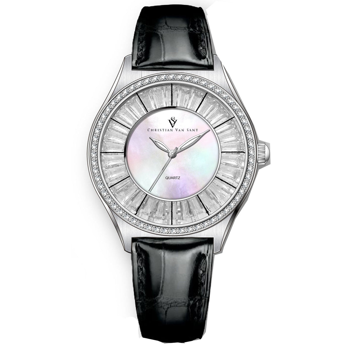 Christian Van Sant Luna watch with diamond bezel, pearl dial, black leather strap by Bids.com on Tampa Home & Garden Store