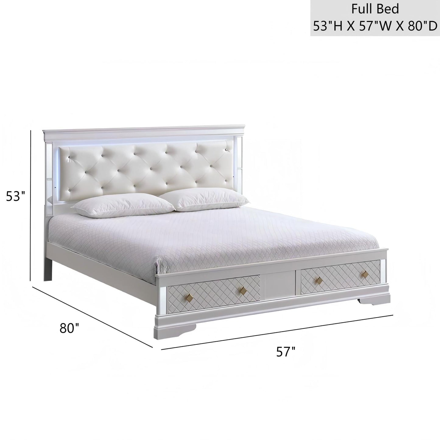 Verona bed with LED lighting, white tufted headboard and 2 drawers, full size by HouseOfZazla on Tampa Home & Garden Store