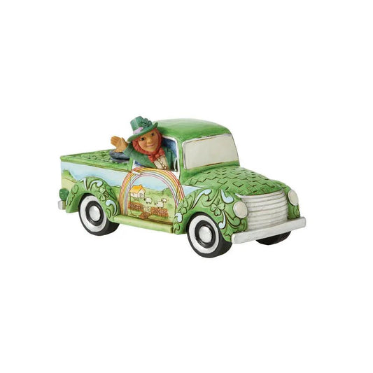 Jim Shore Leprechaun in Green Truck figurine, hand-painted green truck with countryside artwork on Tampa Home & Garden Store