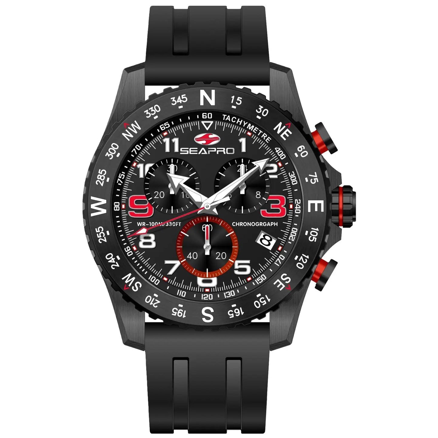 Seapro Men's Gallantry watch with black chronograph dial, red accents, black strap on Tampa Home & Garden Store