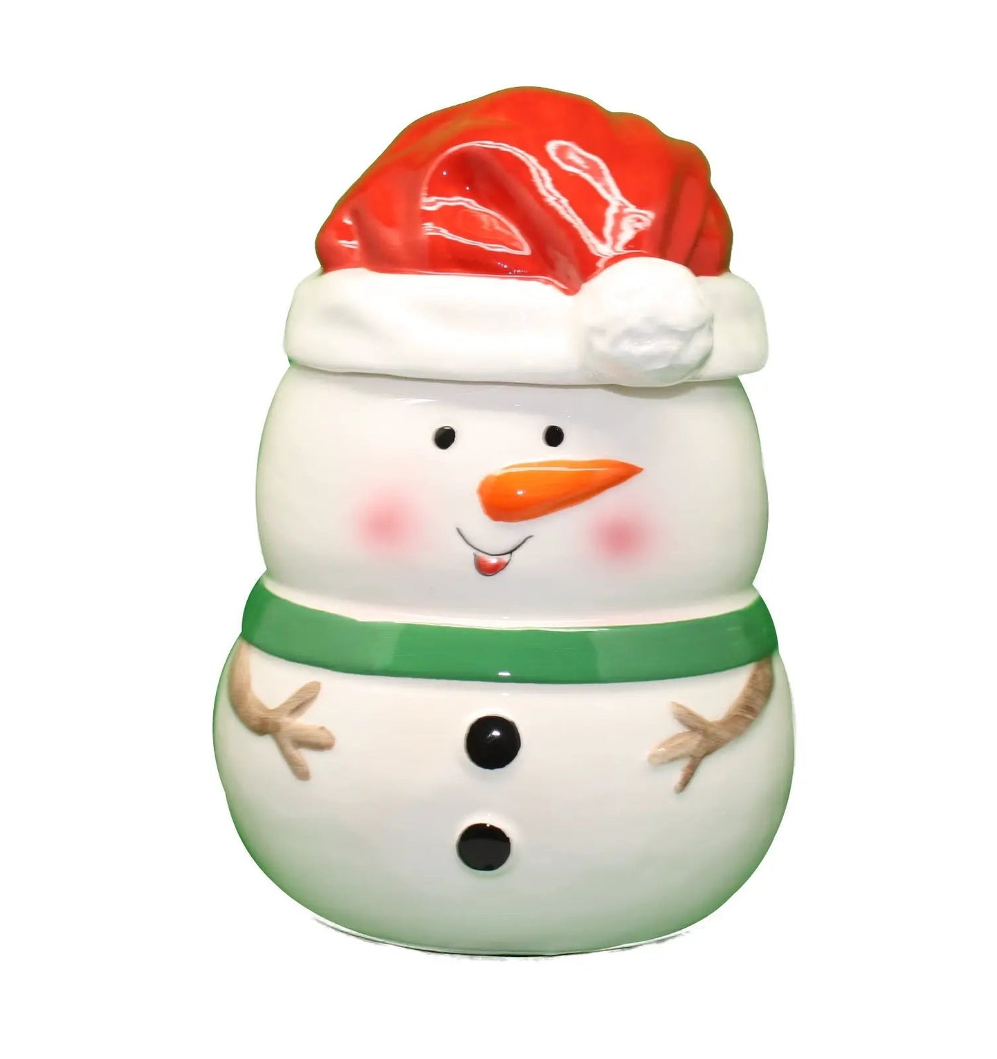 Ceramic snowman cookie jar with red Santa hat, carrot nose, black eyes, and green scarf on Tampa Home & Garden Store