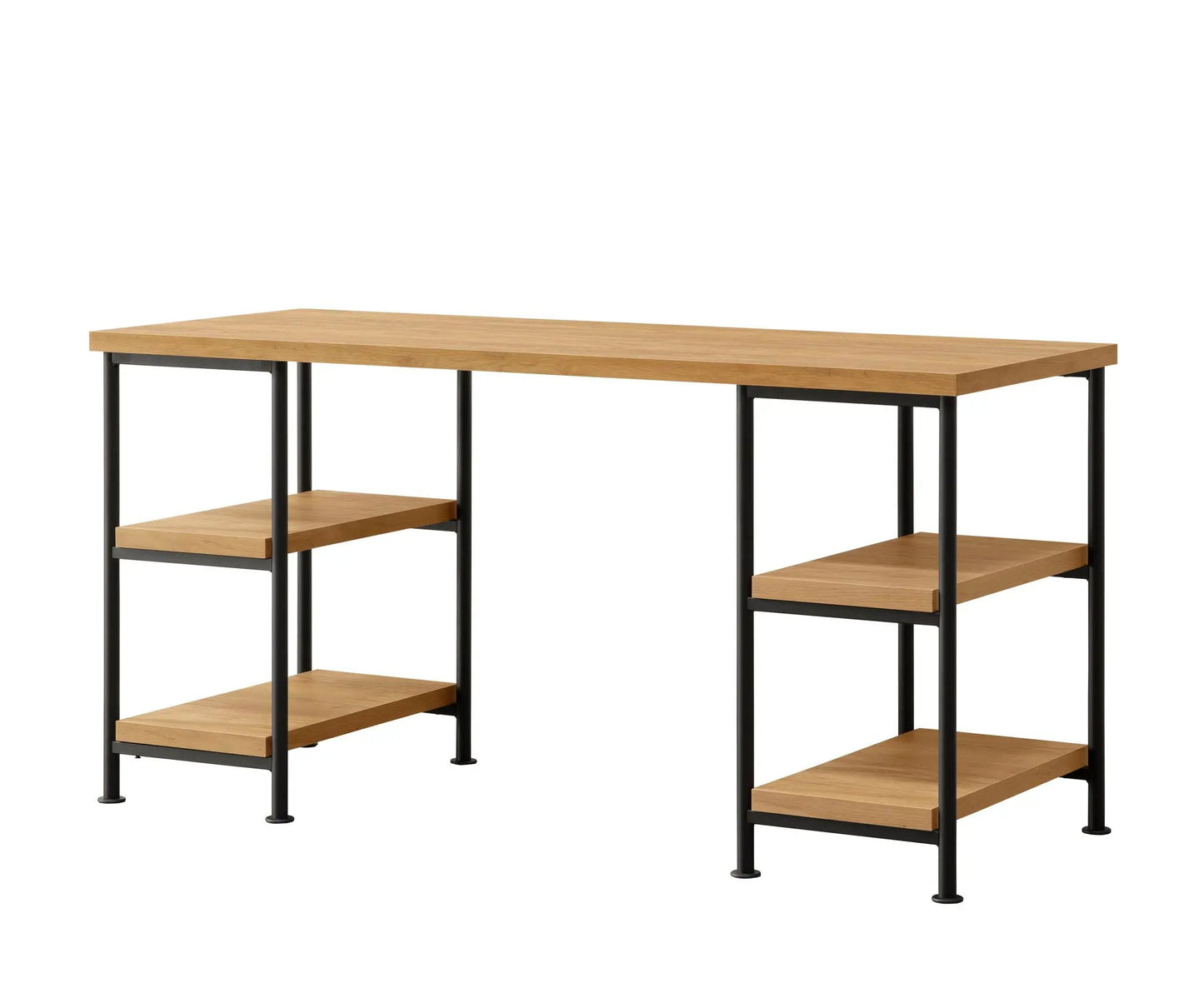 Desk - Golden wood-top desk with black metal legs and side open shelves on Tampa Home & Garden Store