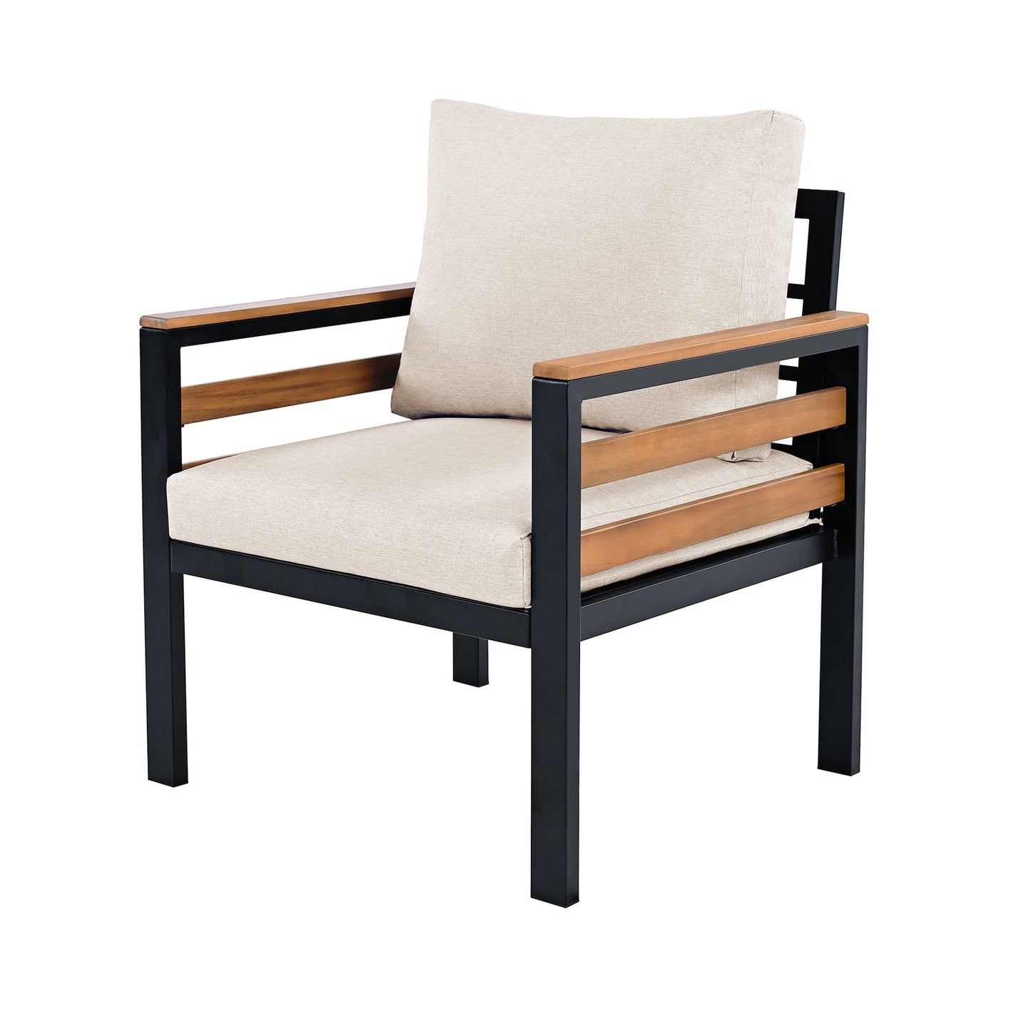 Go 4-Piece Outdoor Sofa Set beige cushions, black metal frame, wooden armrests on Tampa Home & Garden Store