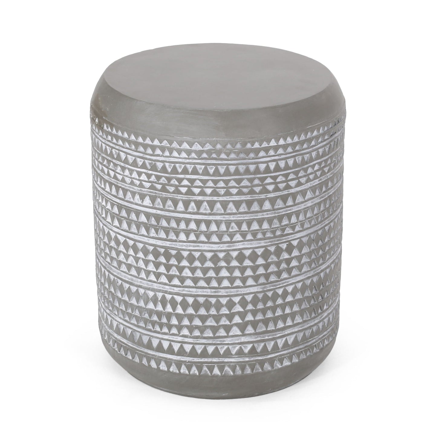 Outdoor cylindrical side table with a repeating diamond texture in metallic gray on Tampa Home & Garden Store
