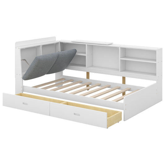Platform bed with storage headboard, shelves and 2 drawers in white finish by HouseOfZazla on Tampa Home & Garden Store