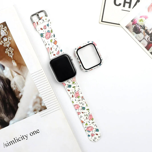 Silicone watch strap printed with pink hearts on white by FLIPSTYLEZLLC fits Apple Watch on Tampa Home & Garden Store