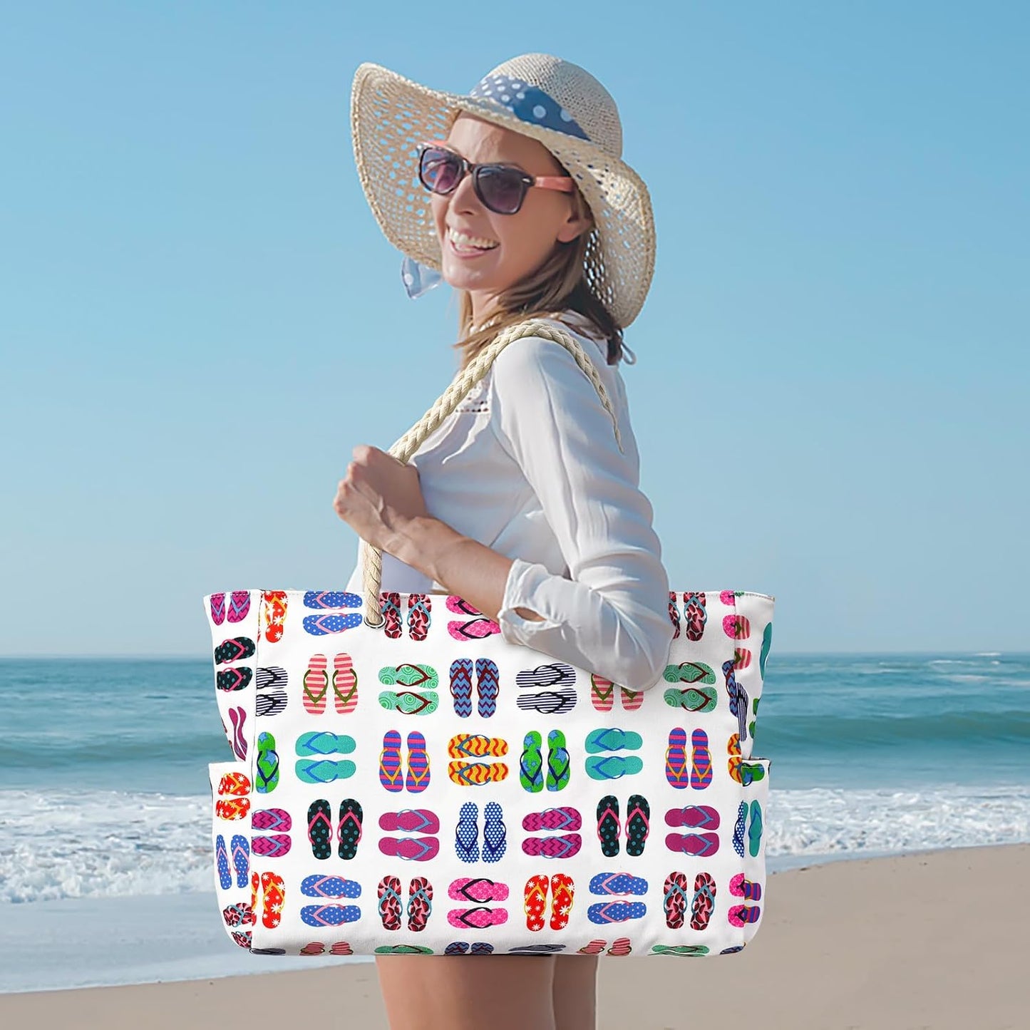 Waterproof Beach Tote Bag 20L with rope handles; printed with colorful flipflop pattern on Tampa Home & Garden Store