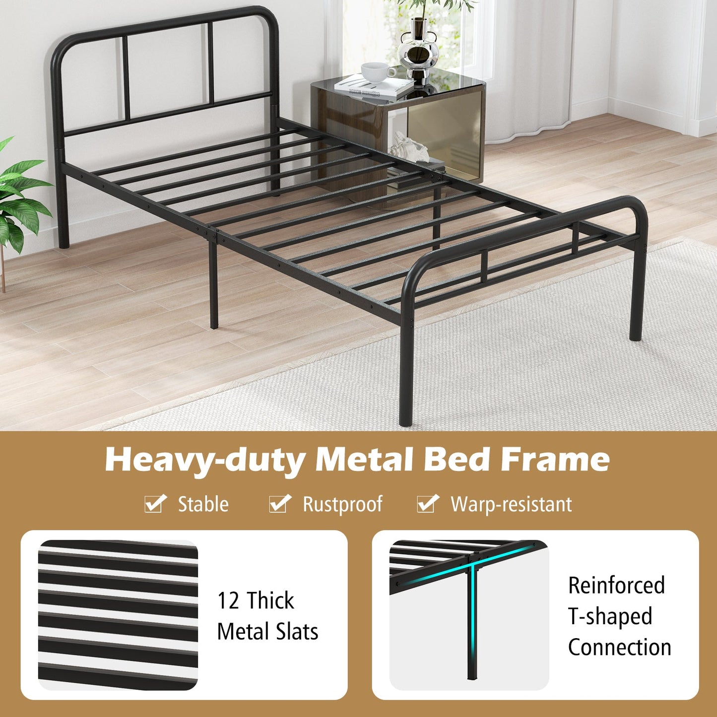 Estructura de cama de metal moderna con cabecero y piecero curvados - Tamaño individual