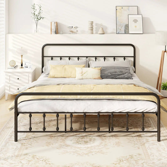 King-size black metal bed frame with curved headboard and footboard in a gray-toned bedroom on Tampa Home & Garden Store