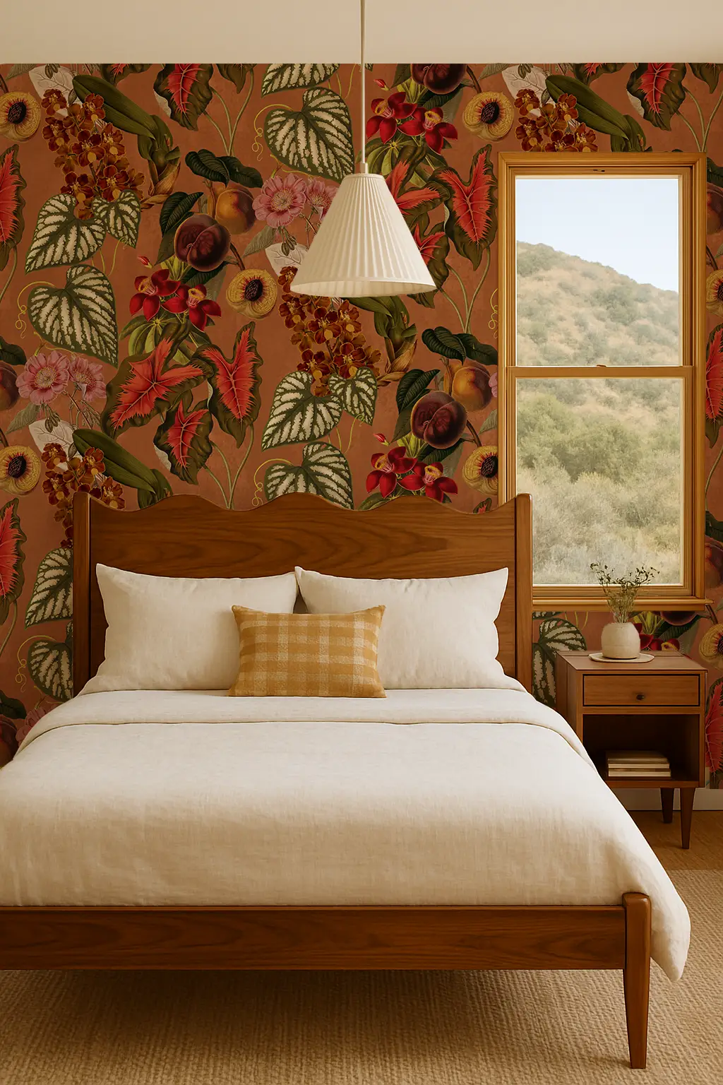 Cali Tropicale wallpaper burnt orange with bold tropical leaves and flowers in a warm bedroom on Tampa Home & Garden Store