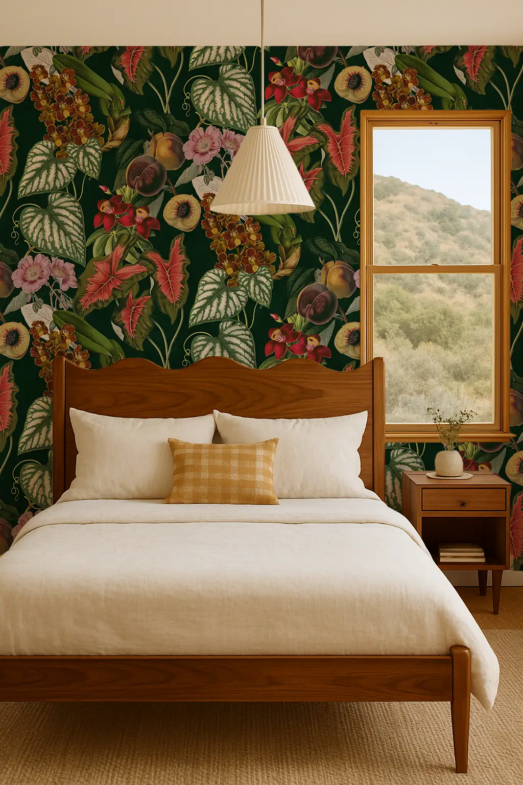 Cali Tropicale Wallpaper Green Botanical Collage with foliage and tropical blooms in bedroom on Tampa Home & Garden Store