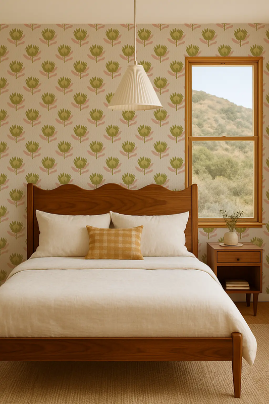 King Protea wallpaper tan and olive by Samantha Santana Creative, botanical motif on Tampa Home & Garden Store