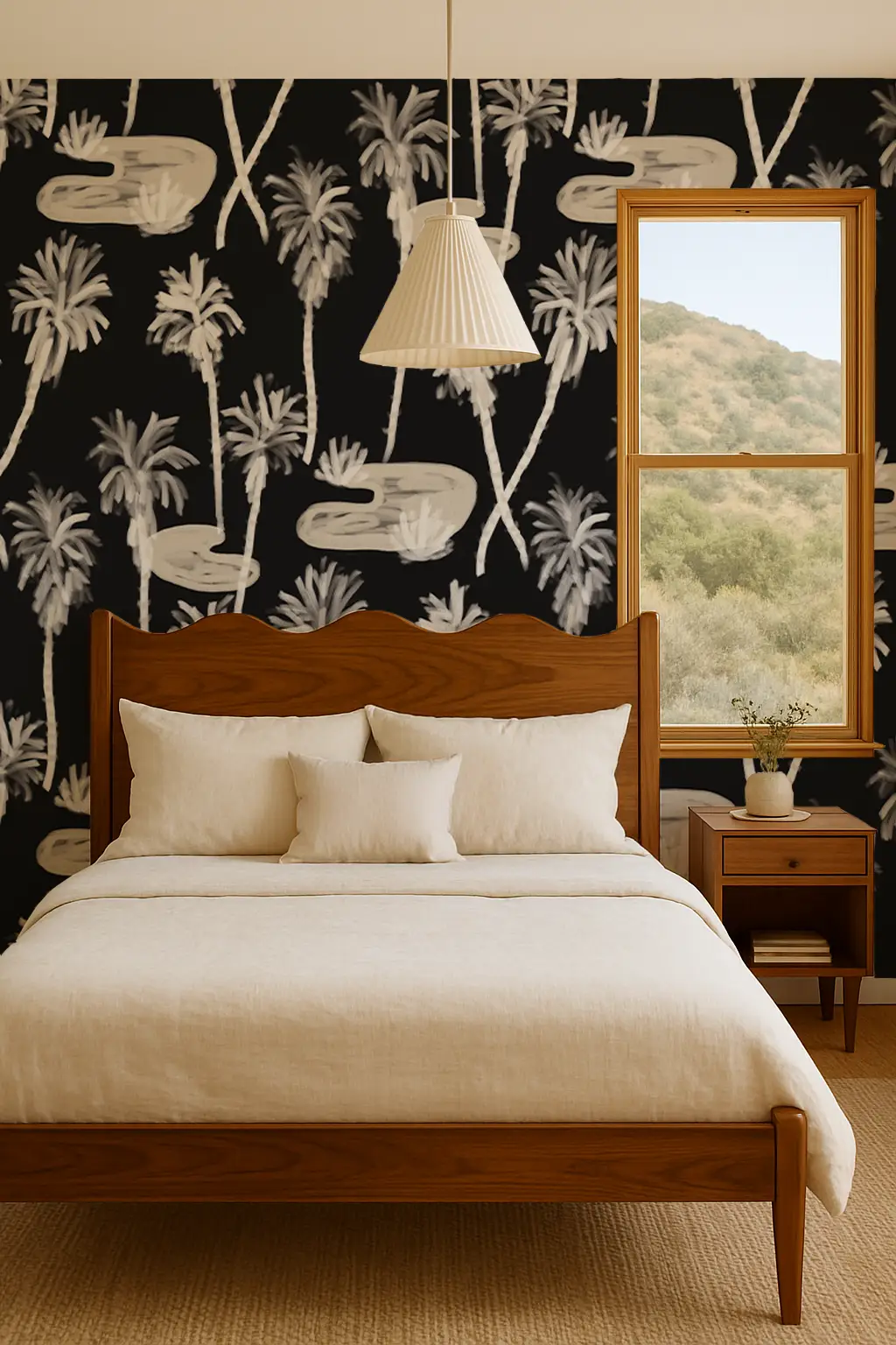 Palm Oasis Wallpaper black and off-white with palm tree motif, by Samantha Santana Creative on Tampa Home & Garden Store