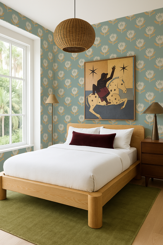 King Protea Wallpaper, light blue and apricot - Tampa Home & Garden Store
