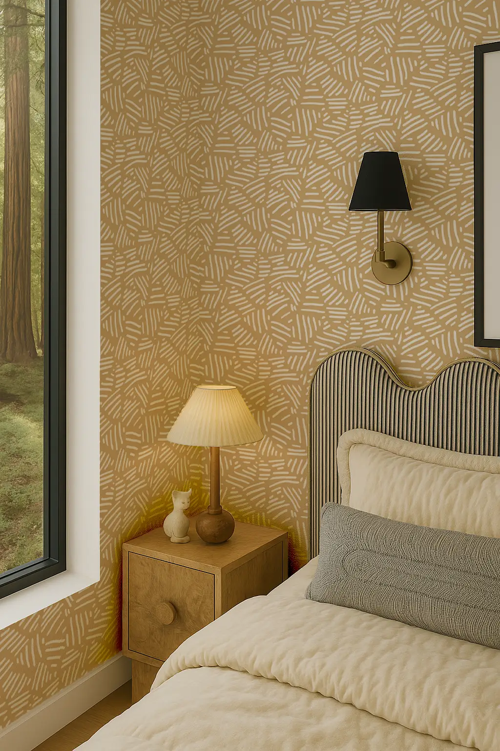 Simple Stripes Wallpaper Yellow Accent with tan background and white stripes on wall on Tampa Home & Garden Store