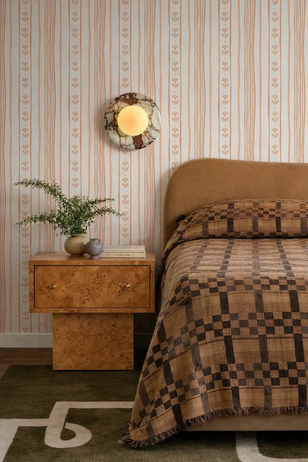 Wallpaper Beige and Peach Daisy Chain Stripe with vertical motif in a cozy bedroom on Tampa Home & Garden Store
