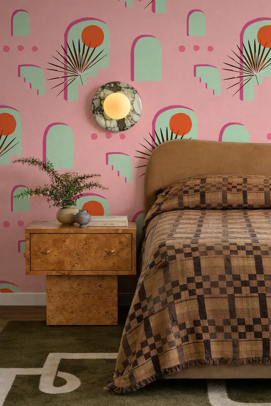 Pueblo Window Wallpaper Pink by Samantha Santana Creative; pink wall with mint arches on display on Tampa Home & Garden Store