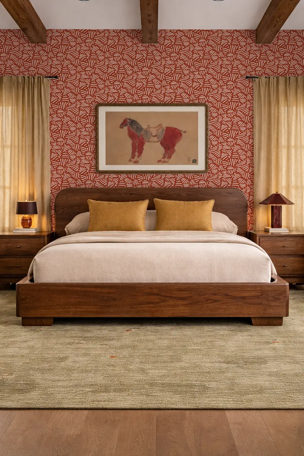 Simple Stripes Wallpaper brick red by Samantha Santana Creative in a cozy bedroom on Tampa Home & Garden Store